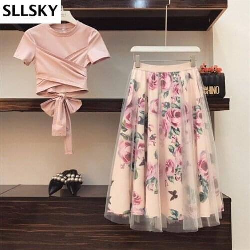 Sllsky High Waist Sexy Irregular T Shirt+Mesh Skirts Suits Bowknot Vintage Floral Skirt Sets Elegant Woman Two Piece Set