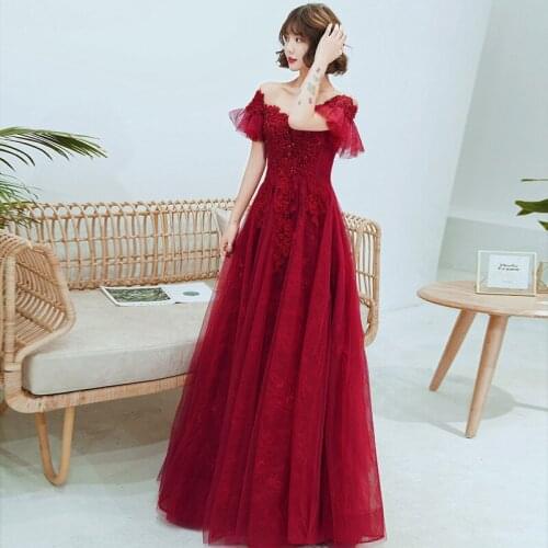2021 Elegant Wine Red Evening Dress Robe De Soiree Luxury Lace Sequins Appliques Bride Gown Off The Shoulder Party Prom Dresses
