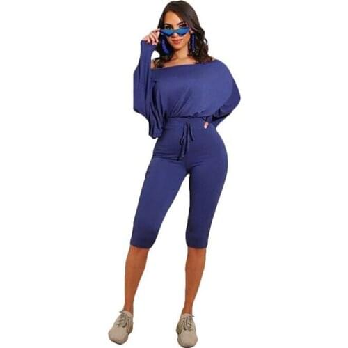 2021 Black Blue Two Piece Set One Shoulder Full Sleeve Loose Crop Top and Drawstring Mid Calf Pant Casual High Waist Tracksuit