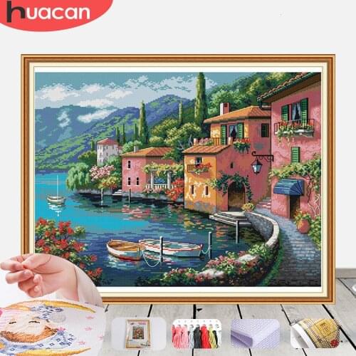 HUACAN Embroidery Seaside Landscape Needlework Sets For Full Kits White Canvas DIY Cross Stitch City Home Decor Gift 14CT