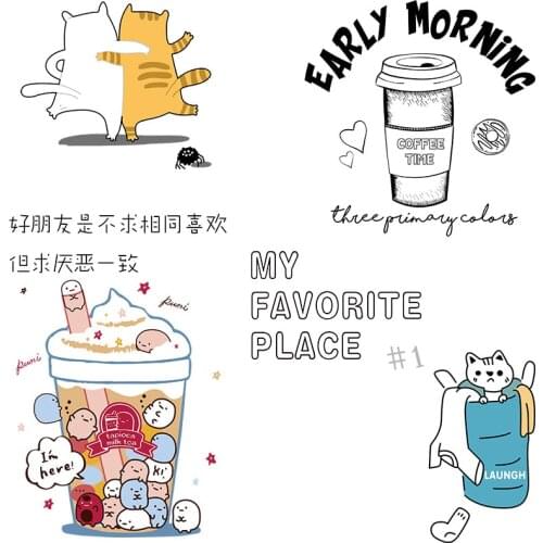 Coffee cup Milk tea Heat Transfer PVC Patch Letter Stickers Patches for clothing Washable Garment Accessories DIY Appliques