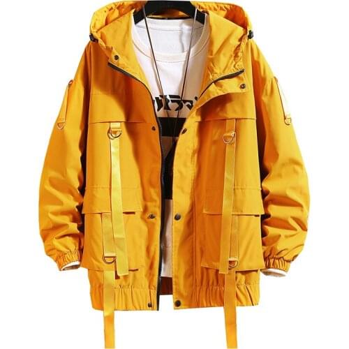 Mens streetwear hip-hop bomber jacket 2020 male Harajuku ribbon pocket windbreaker Korean fashion clothing