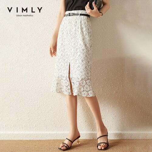 VIMLY Summer Skirt For Women Elegant Floral Lace Skirts Office Lady Ruffles Split Midi Skirts Vintage Female Bottoms F8110