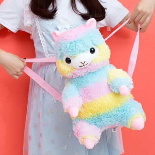 Kawaii Rainbow Alpaca Plush Backpack Lamb Sheep Plush Bag Toy Stuffed Soft Animal Backpack Bag Doll Toys For Kids Birthday Gift