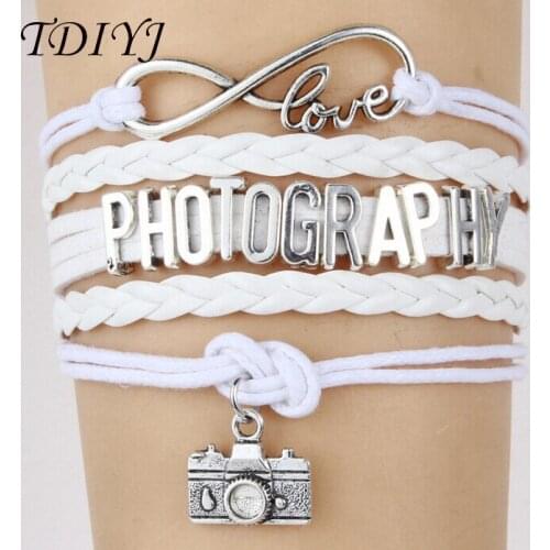 TDIYJ Infinity Love Multilayer Braided Leather Bracelet with PHOTOGRAPHY Slide Charms and Camera Pendant for Women 6sets/lot
