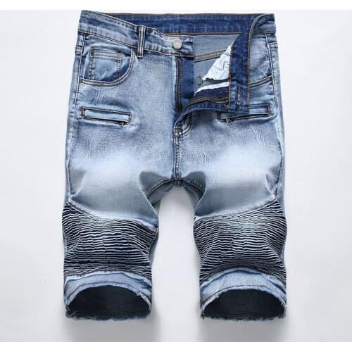 2021 New Mens light blue slim straight stretch denim biker shorts big size pleated fringe jeans Summer Capri personality