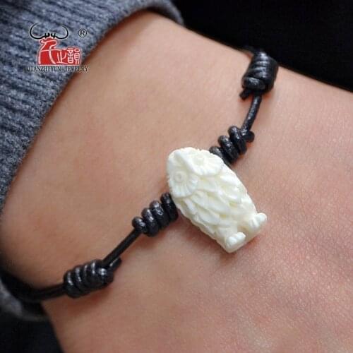 Natural Yak Bone Hand-carved Owl Bracelet Cowhide Braided Bracelet Lady fashion Accessories girl gift