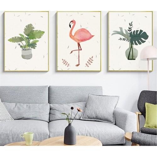 Nordic Cartoon Pink Flamingo Green Plants Poster Canvas Print Painting Wall Art Living Room Home Decoration