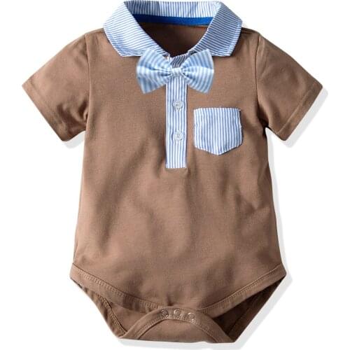 0-2 Years Baby Boys Cotton One-piece Bodysuit Summer 2020 Fashion Solid Newborn Toddler Boy Romper Infant Clothes + Bow Tie