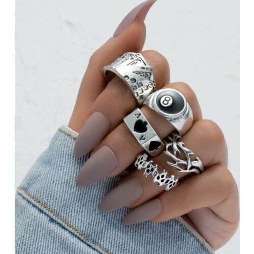 Punk Silver Color Poker Billiards Rings Set for Women Men Funny Anillos Hip Hop Animal Heart Ring Couple Gothic Jewelry