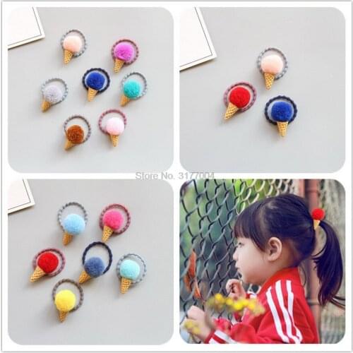 DHL 500pcs Faux Fur Pom Ponytail Holder For Girls Fluffy Candy Colors Cute Ice Cream Adjustable Elastic Headwear