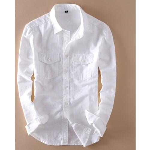 Brand 2021 Mens Long Sleeve Casual Linen Shirt Mens Social Turn-down Collar Slim 2 Pockets Solid White Designer Dress Shirts XXL