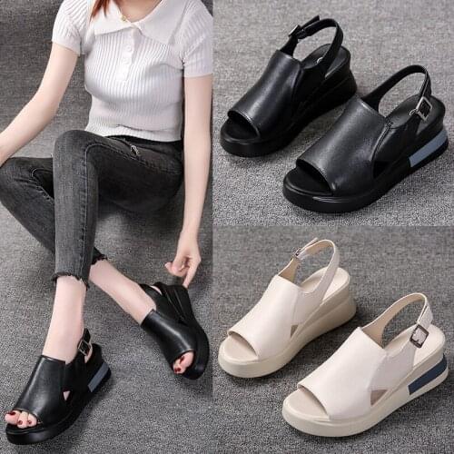 Slope Heel Slippers Female Summer New Style Female Summer Fashion Thick-soled Sandals Leather Slope High-heeled Sandals