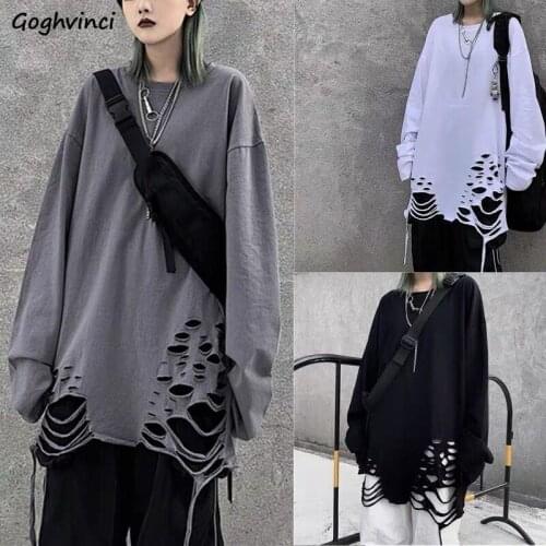 Women Long Sleeve T-shirts Hole Irregular Streetwear Hip-hop Cool Unisex Couples Casual Oversize Stylish Large Size 3XL Solid BF