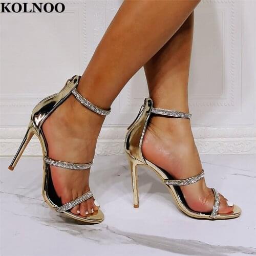 KOLNOO Handmade Ladies Rhinstones Sexy Stiletto High Heeled Sandals Open-Toe Summer Party Prom Real Photos Fashion Club Shoes