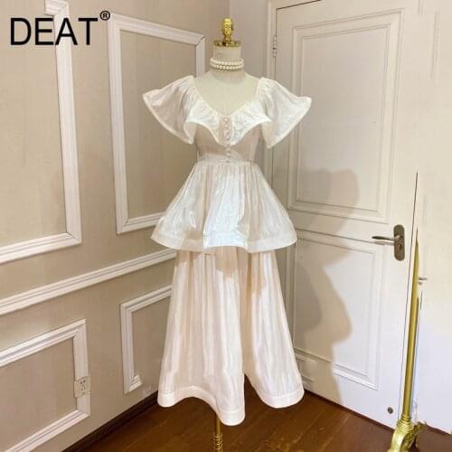 DEAT Woman Midi Dress Satin Silkly Ruffles V Collar Flying Sleeve Multi-layer Slim Vintage Style Elegant 2021 New Summer 15XF533