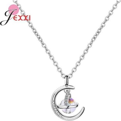 925 Sterling Silver Crescent Moon & Zircon Planet Pendant Necklaces for Women Accesories Fashion S925 Chain Choker