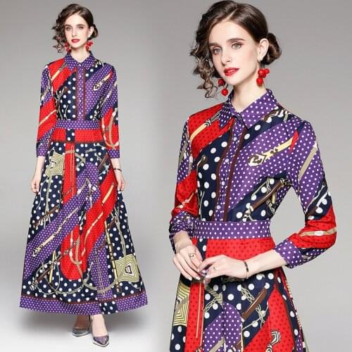 Womens Spring and Autumn New Fashion Slim-Fit-Style High-End Polka Dot Printed Lapel Single-Breasted Long-Sleeve Dress