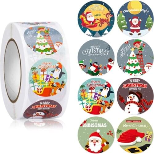 500 Pcs Round Christmas Label Stickers Tree Santa Snowman Elk Present Package Decor Craft Stationery Adhesive Sealing Baking for