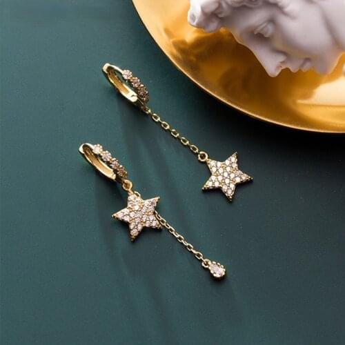 925 Sterling Silver Dainty Prevent Allergy Hoop Earrings Zircon Star Water Drop Asymmetric Earrings For Women S-E1089