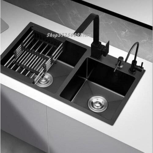 Black Nano Sink Double Tank Kitchen Sink 304 Stainless Steel Handmade Household Large Sink