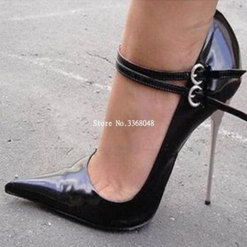 Black Pointed-toe Double Metal Buckles Stiletto Heels Pumps 12 CM Thin Heels Patent Leather Ladies Party Shoes Spring Autumn