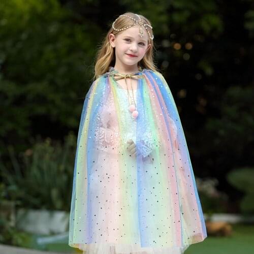 Girls Cosplay Mesh Cloak Tulle Children Elsa Cape Baby Kids Princess Birthday Party Cosplay Costume for Christmas Halloween Gift