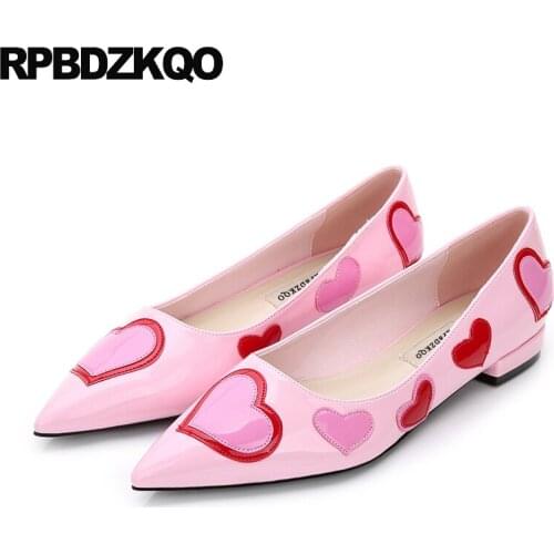 Designer Women Dress Shoes Flats Patent Leather Heart Cute Pink Ladies Unique Kawaii Wedding 2018 Pointed Toe Slip On Beautiful