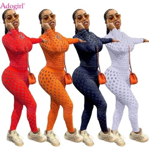 Adogirl Hollow Out Two Piece Set Women Sexy See Through Turtleneck Long Sleeve T-shirt Tops Pencil Pants Night Club Suits