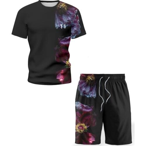 Summer new mens sets 3D printing round neck T-shirt casual sports running fitness short sleeve + shorts two-piece suit