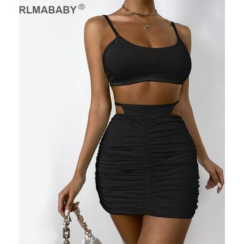 Summer 2 Piece Set Suit Women Sexy Skinny Cropped Camisole Top And High Waist Lace Up Folds Package Hip Mini Skirts Outfits Set