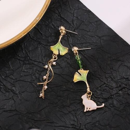 Prevent Allergy Ginkgo Cat Earrings Female Long Tassel Pearl Earring Drop Oil Gem Ear Stud Asymmetric Ear Clip