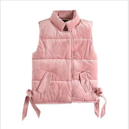 New Sweet 2018Autumn Winter Women Short Vest With Bow Female Pleuche Down Cotton Vest Female Button Stand-Collar Slim Vest Q574