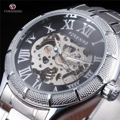 New FORSINING New Luxury Mens Roman Skeleton Automatic Self-wind Watch Mechanical Stainless Steel Clock Military Wrist Watches