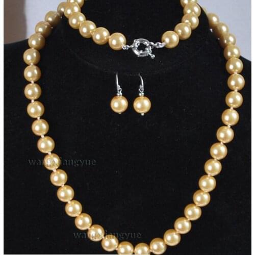 New hot 10mm Golden South Sea Shell Pearl Necklace bracelet Earrings Set AAA Grade
