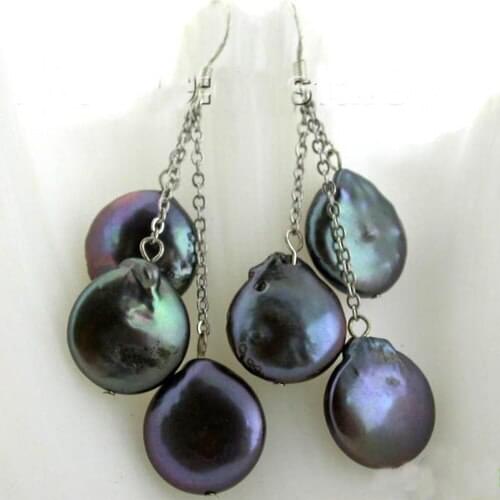 New Arrival Favorite Natural Pearl Earring 14mm Black Coin Freshwater Pearl Silver Dangle Earring Classic Women Fine Jewelry