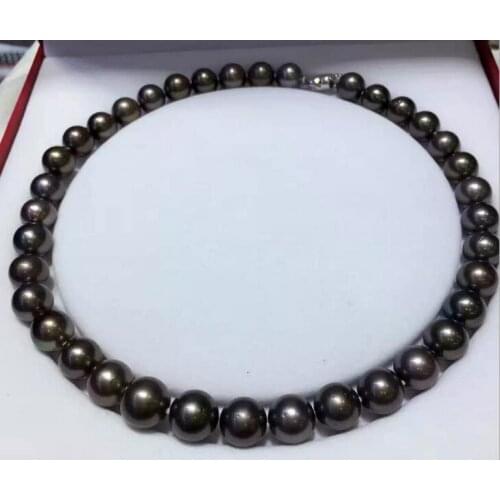 Charming 11-12 mm natural Round Tahitian black pearl necklace 18"