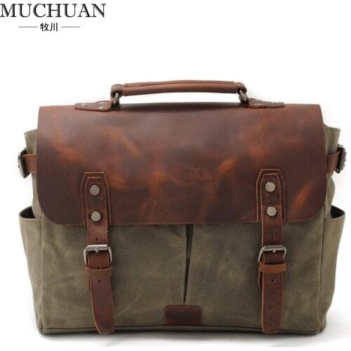 Retro oil wax canvas with crazy horse leather briefcase, European and American mens bag, retro One Shoulder Messenger Bag