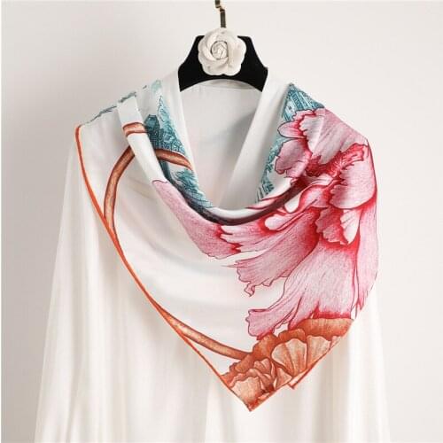 OMEA Hand Rolled Silk Scarf Women Luxury Peony Castle Modern Building Printing Twill Head Scarf Big Square 90cm Shawl Bandana