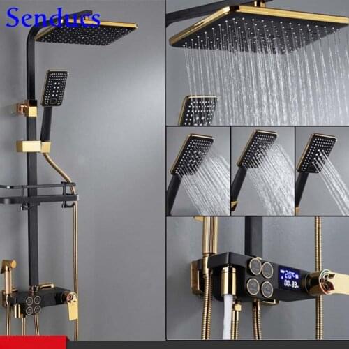 Black Gold Thermostatic Shower Set Brass Bathroom Bathtub Faucets 38 Thermostatic Shower System Luxury Digital Bath Shower Set
