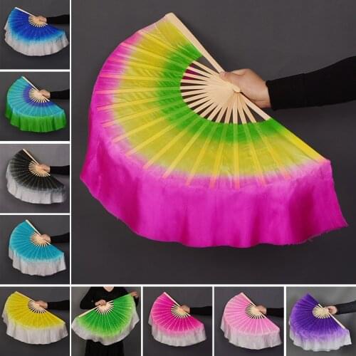 1pair (1L+1R) gradient double-side 100% real Silk Belly Dance Bamboo Fan Veils colorful Chinese Yangko Performance Short Fans