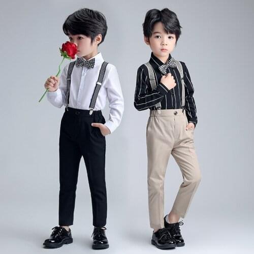 Spring Children Boys Shirt Pants Bowtie Strap 4Parts Clthing Sets For Wedding Party Prom New Fashion Plaid Kids Costume,G124