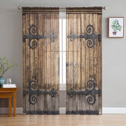 Vintage Farm Wood Door Rustic Chiffon Sheer Curtains for Living Room Bedroom Home Decoration Window Voiles Tulle Curtain