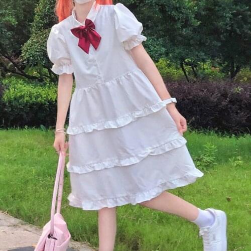 Japanese Kawaii White Dress Girls 2021 Summer Sweet Cute Bow Tie Puff Sleeve Cake Dresses Ruffle Loose Lolita Midi Dress Women