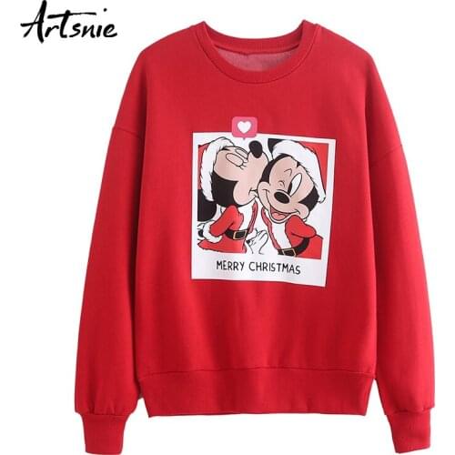 Artsnie streetwear red cartoon women sweatshirt spring o neck long sleeve oversized hoodies terry cotton sweatshirts mujer