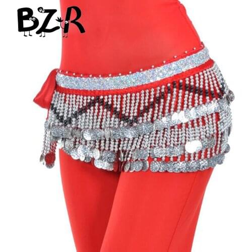Ladies Belly Dance Skirt Women Bellydance Belt Three Layers Wave 258 Coin Chiffon Scarfs Skirt Bling Hip Wrap Waist Chain