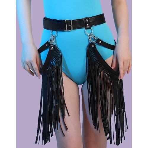 Goth Black Leather Skirts Belt For Women Punk Tassle High Waist Hollow Out Skirts Boho Sexy Dancing Fringe Mini Skirt Waist Belt