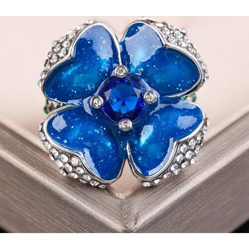 Fashion Boho Blue Zircon Flowers Finger Wedding Rings for Women Green White Rhinestone Ring Female Party Jewelry Gift D5M788