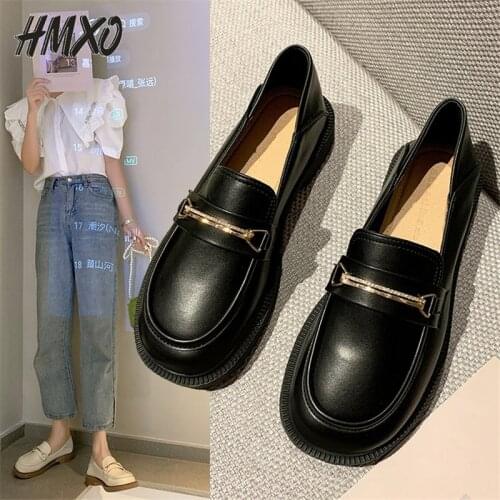 HMXO British Style Jk Shoes Women Retro Casual Thick-soled Mary Jane Shoes Retro LoafersWild Rhinestone Female Leather Shoes