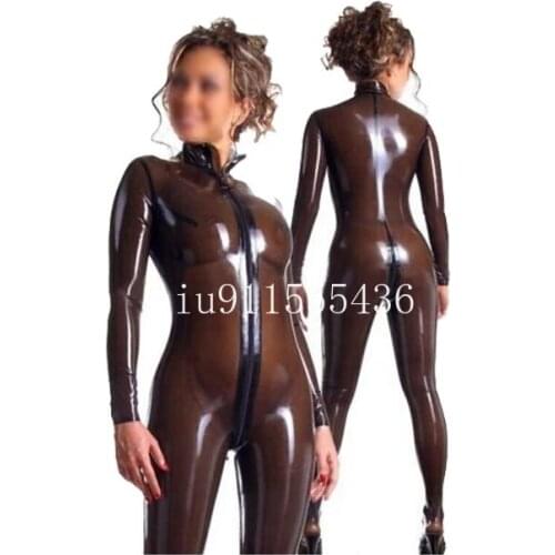 Latex Catsuit Transparent Black Rubber Bodysuit with Front Zipper Crotach Zipper Size XXS-XXL for Women